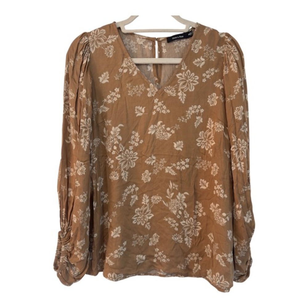 Doe & Rae Tan‎ Floral V-Neck Long Sleeve Blouse with Smocked Cuffs Small